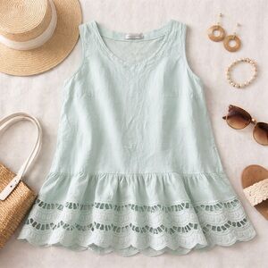 Valentina Naldi Italian Linen Aqua Tunic Top with Lace Hem | Coastal Chic